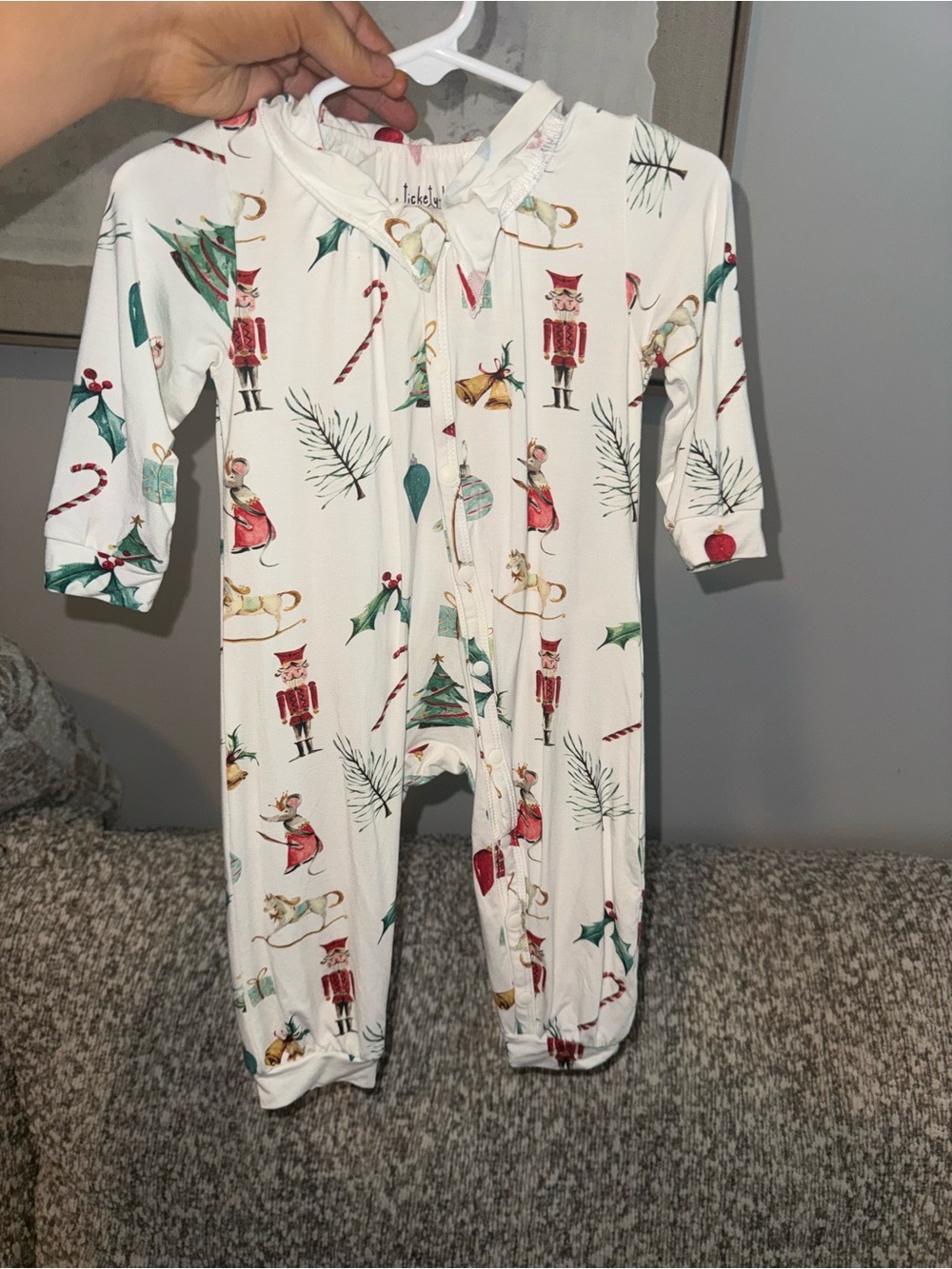 Tickety-boo White Nutcracker-Print Holiday Footie Romper